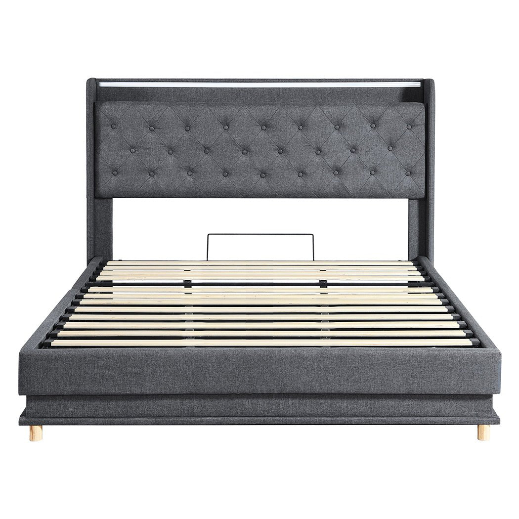 Nova King Bed Frame | Gas Lift Under-Bed Storage, LED Headboard, USB Charging &amp; Side Pocket | Greenora Living Australia