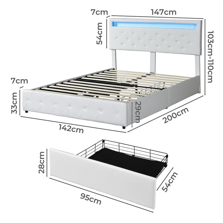 Crest Double Bed Frame | White PU Leather, RGB LED, 4 Storage Drawers &amp; USB Charging | Greenora Living Australia