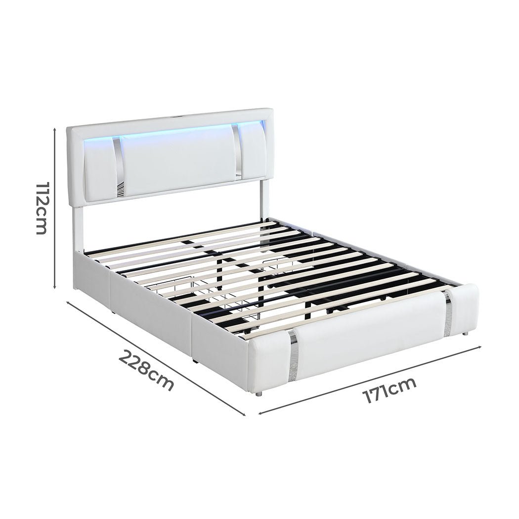 Aurora Queen Bed Frame | PU Leather, RGB LED, 2 Storage Drawers &amp; USB Charging | Greenora Living Australia