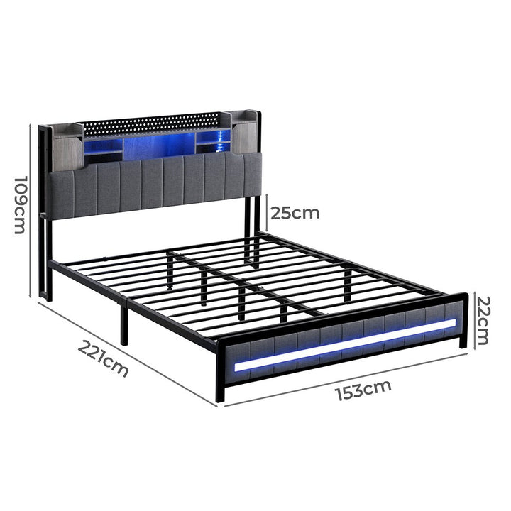 Aria Queen Bed Frame | Grey Linen | Storage Headboard &amp; RGB LED | Greenora Living Australia