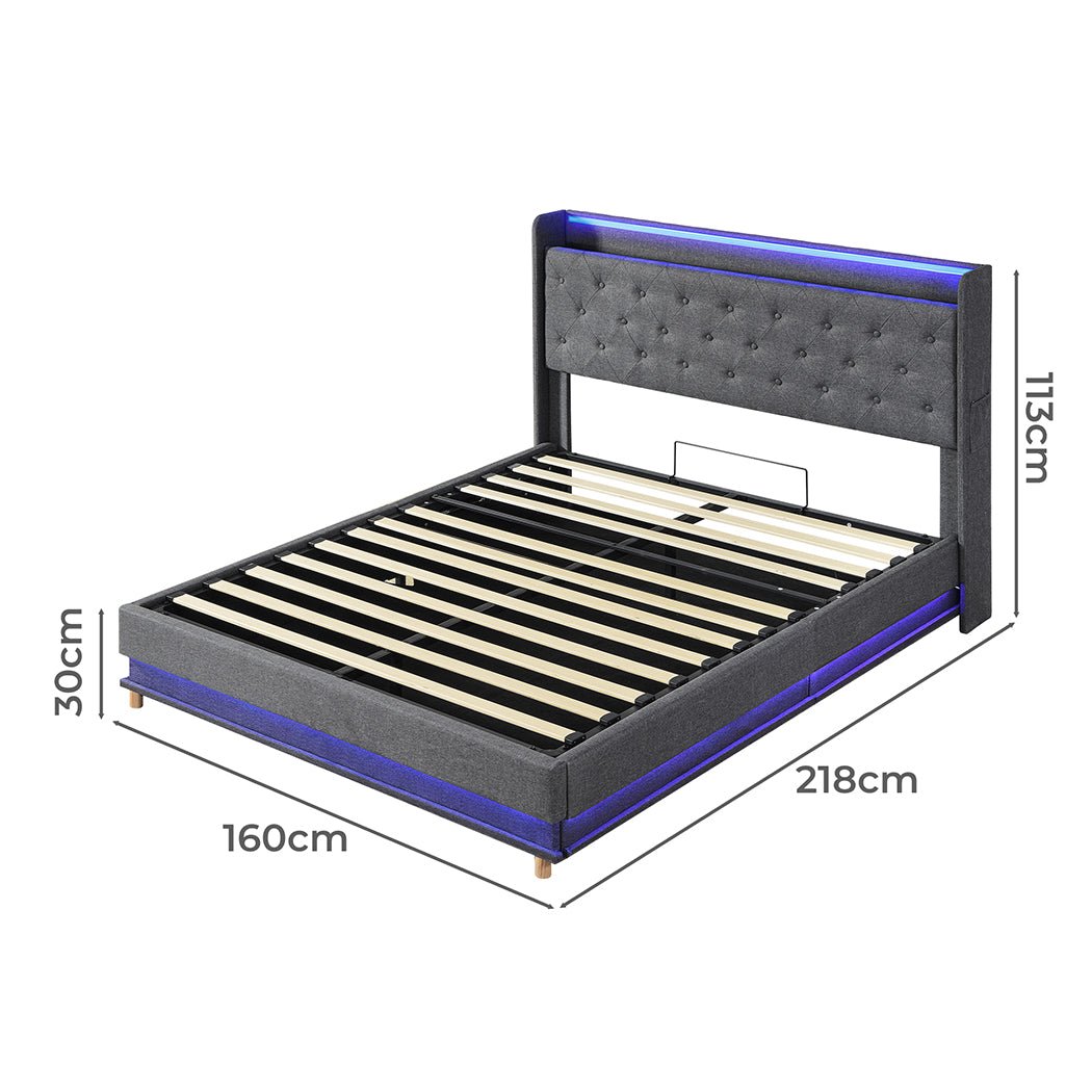 Nova Queen Bed Frame | Gas Lift Under-Bed Storage, LED Headboard, USB Charging &amp; Side Pocket | Greenora Living Australia