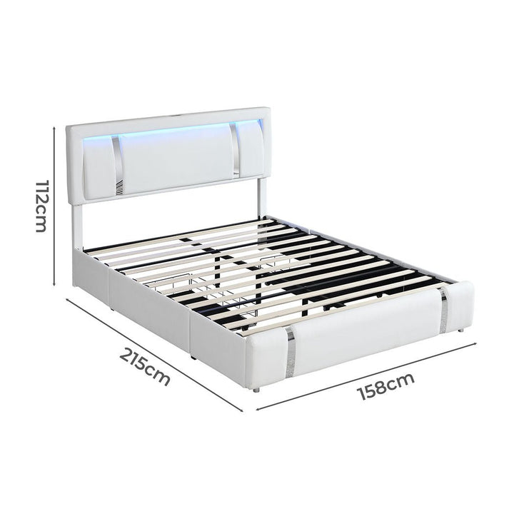Aurora Double Bed Frame | PU Leather, RGB LED, 2 Storage Drawers &amp; USB Charging | Greenora Living Australia