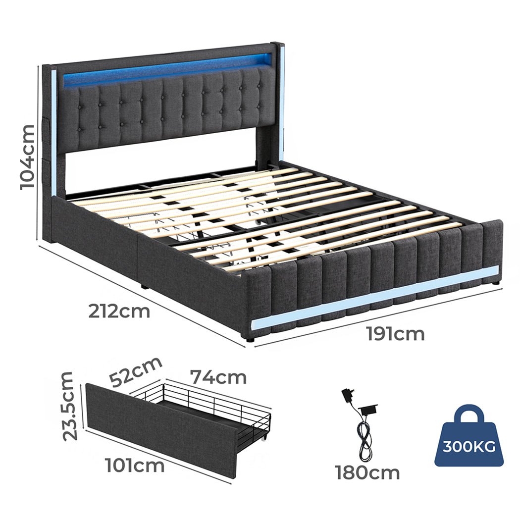 Haven King Bed Frame | Grey Linen, RGB LED, 4 Storage Drawers &amp; USB Charging | Greenora Living Australia
