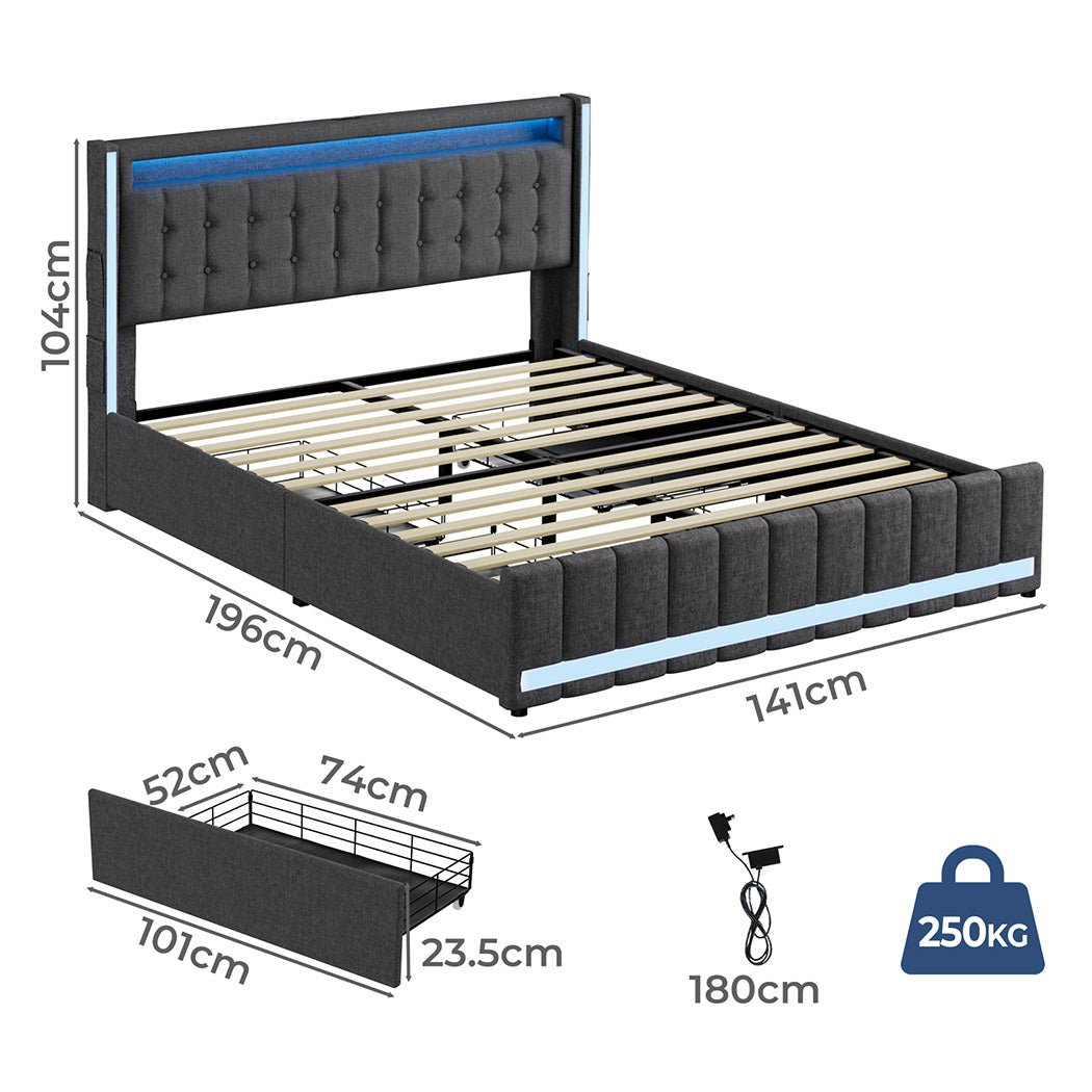 Haven Double Bed Frame | Grey Linen, RGB LED, 4 Storage Drawers &amp; USB Charging | Greenora Living Australia