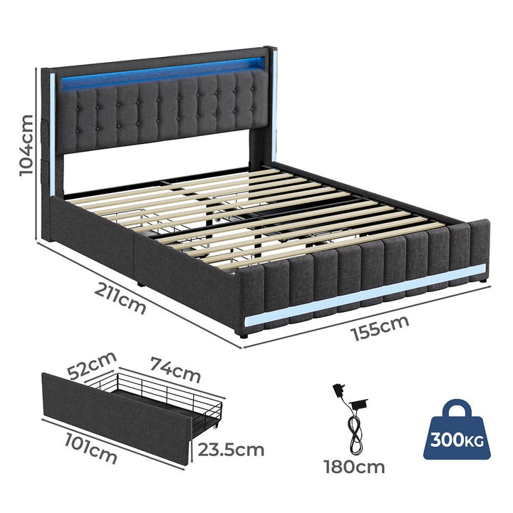 Haven Queen Bed Frame | Grey Linen, RGB LED, 4 Storage Drawers &amp; USB Charging | Greenora Living Australia